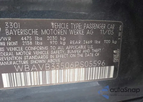 2006 BMW 330I from USA, damaged, VIN WBAVB33506PS05596